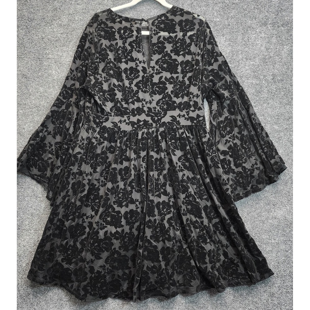 Torrid Women Black Velvet Floral Mesh Gothic Bell Sleeve Romantic Mini Dress 0 - Picture 11 of 13